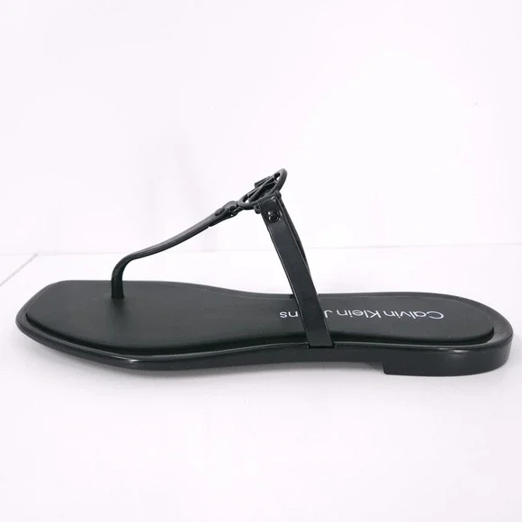 Calvin Klein Edhen Black Flat T Strap Thong Logo Sandals Womens Size 6 M - Picture 15 of 16